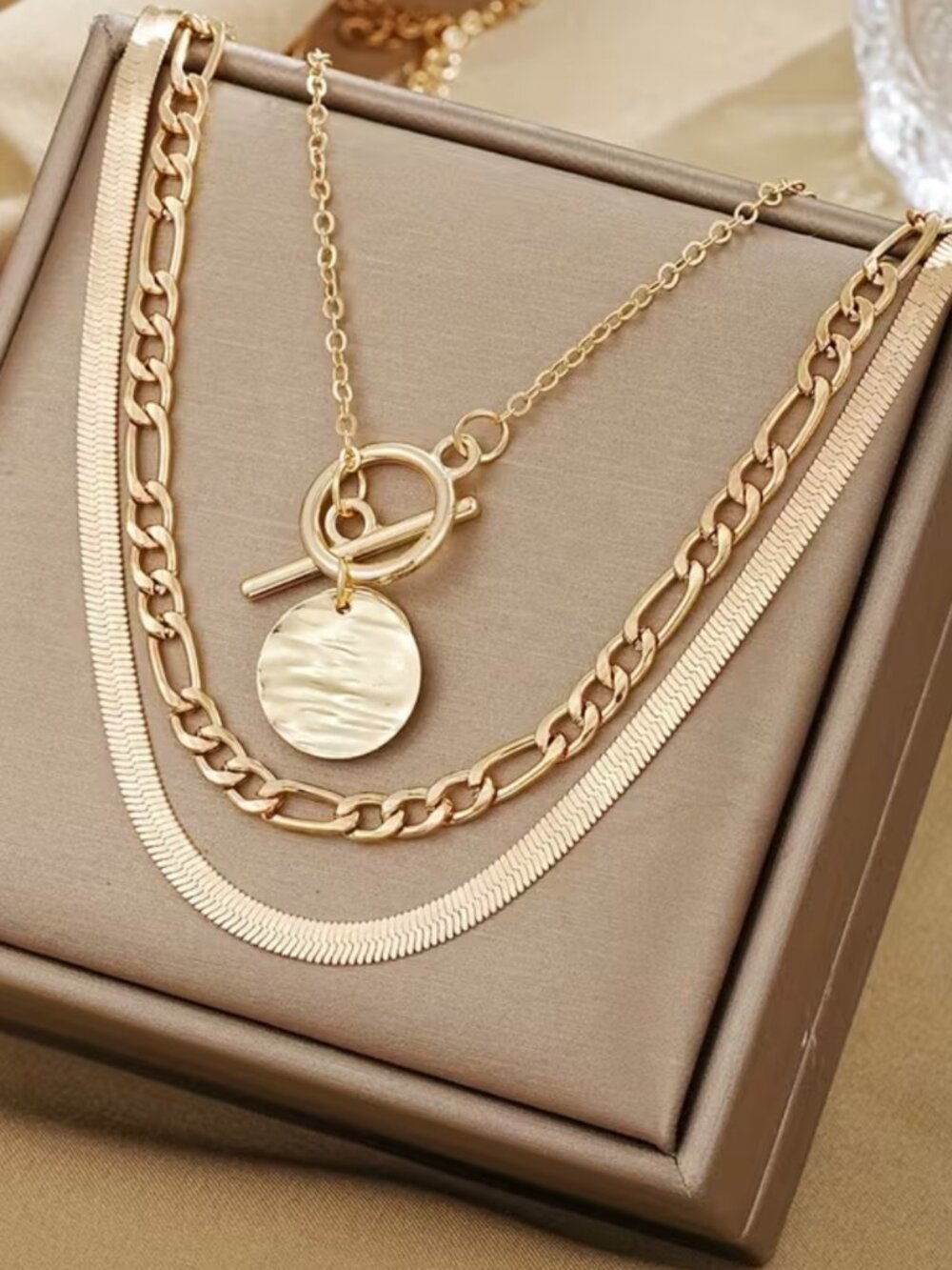 NWT Golden Layered Coin Pendant Necklace Snake Chain Chunky Cuban Link